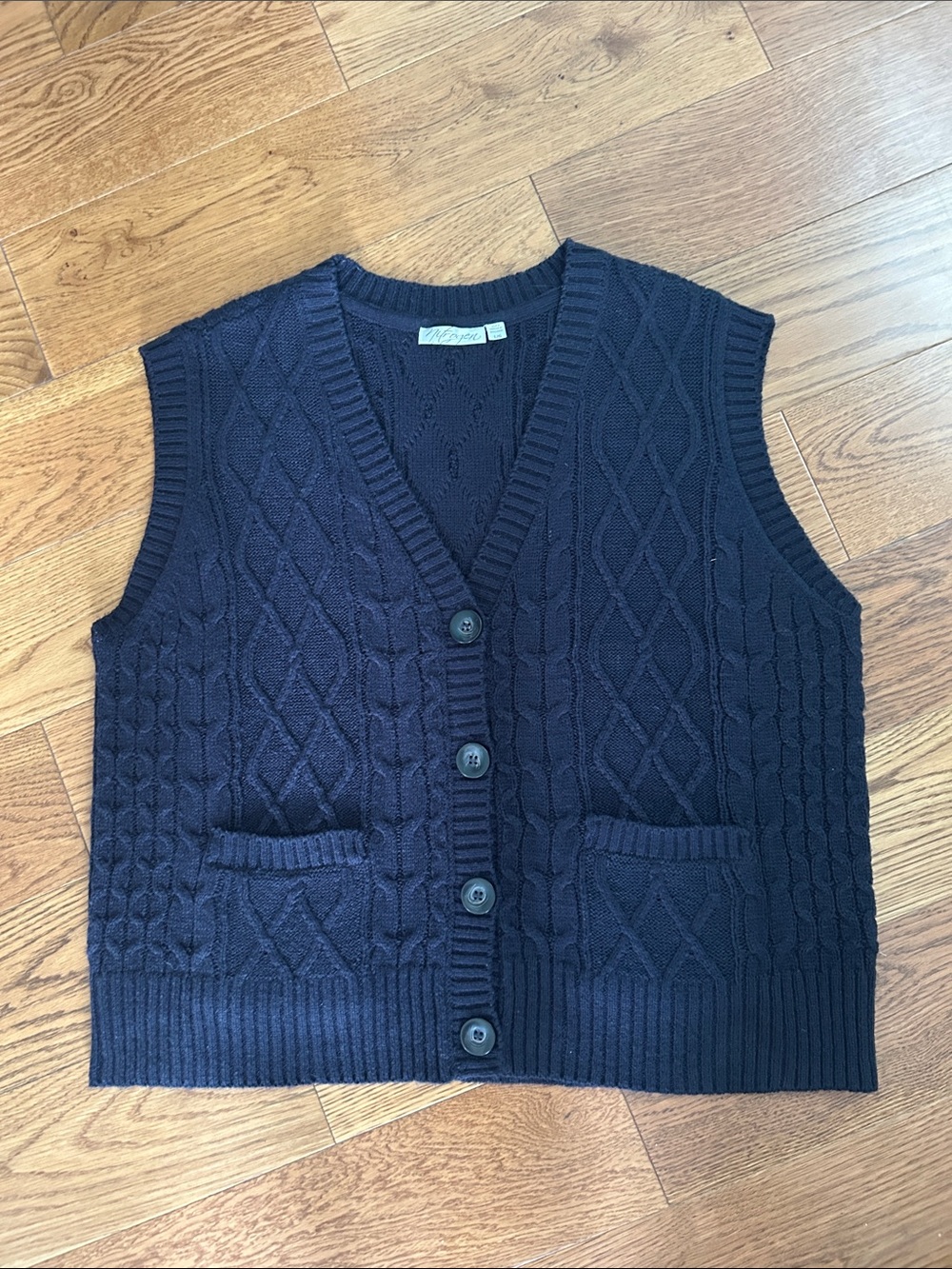 Button-Front Cable Knit Vest - Dark Blue